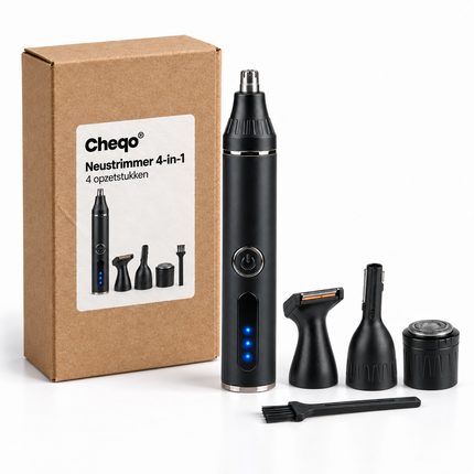 Cheqo® Neustrimmer 4-in-1 - Oortrimmer - Wenkbrauwtrimmer - Baardtrimmer - Neushaartrimmer - Trimmerset voor Heren - Scheerapparaat - Precisietrimmer - Oorhaartrimmer - Bakkebaardtrimmer - Multigroomer - Gezichtstrimmer - Cadeau voor Mannen — Cheqo verpakkingsconcept