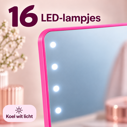 Cheqo® Make-Up Spiegel met LED Verlichting - Staande Spiegel - Tafelspiegel - Opmaakspiegel - Cosmeticaspiegel - Visagie Spiegel - Spiegel met Licht - Spiegel voor Kaptafel - Vanity Spiegel - Beauty Spiegel - Cadeau voor Haar - Roze — infographic 1