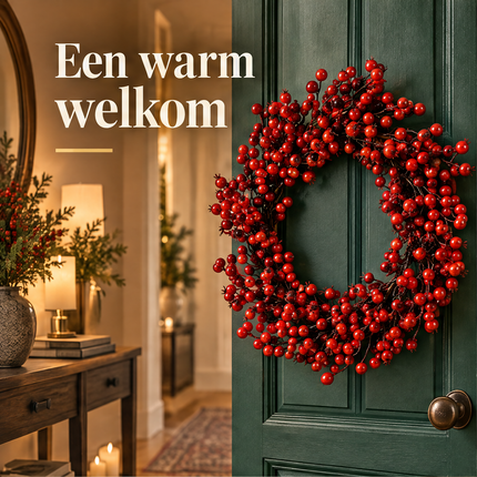 Cheqo® Kerstkrans met Rode Bessen - Deurkrans - Kunstkerstkrans - Bessenkrans - Kerstdecoratie - Krans voor Voordeur - Kerstversiering - Winterkrans - Tafelkrans - Herfstkrans - Wandkrans - Kerstwanddecoratie - Sierkrans voor Binnen — infographic 1