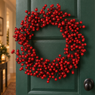 Cheqo® Kerstkrans met Rode Bessen - Deurkrans - Kunstkerstkrans - Bessenkrans - Kerstdecoratie - Krans voor Voordeur - Kerstversiering - Winterkrans - Tafelkrans - Herfstkrans - Wandkrans - Kerstwanddecoratie - Sierkrans voor Binnen — hoofdbeeld