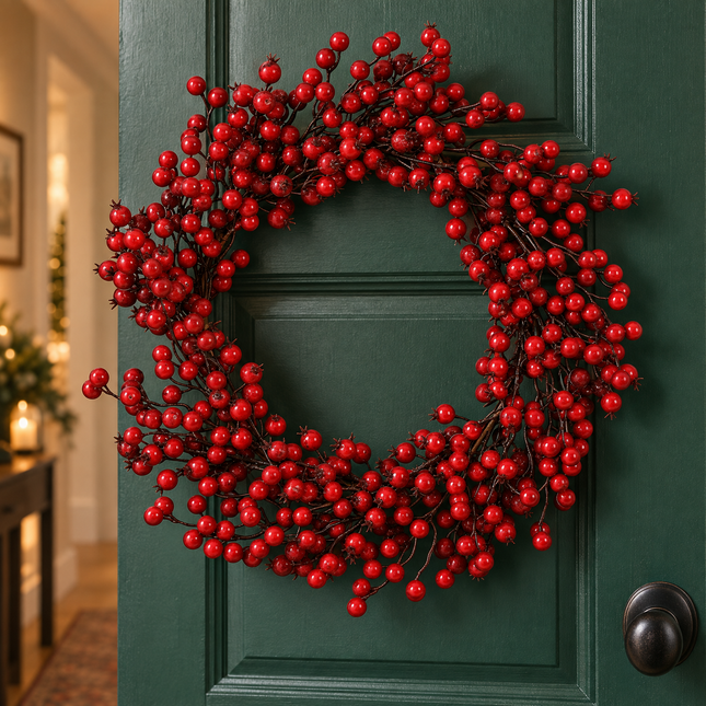 Cheqo® Kerstkrans met Rode Bessen - Deurkrans - Kunstkerstkrans - Bessenkrans - Kerstdecoratie - Krans voor Voordeur - Kerstversiering - Winterkrans - Tafelkrans - Herfstkrans - Wandkrans - Kerstwanddecoratie - Sierkrans voor Binnen — hoofdbeeld