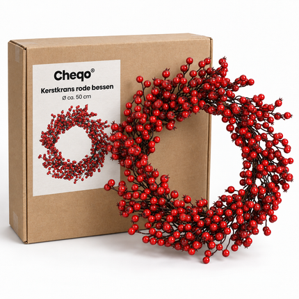 Cheqo® Kerstkrans met Rode Bessen - Deurkrans - Kunstkerstkrans - Bessenkrans - Kerstdecoratie - Krans voor Voordeur - Kerstversiering - Winterkrans - Tafelkrans - Herfstkrans - Wandkrans - Kerstwanddecoratie - Sierkrans voor Binnen — Cheqo verpakkingsconcept