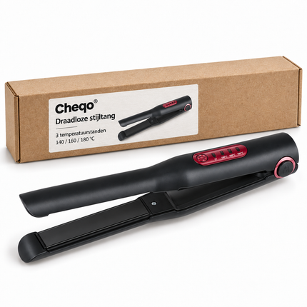 Cheqo® Draadloze Stijltang - Oplaadbare Stijltang - Snoerloze Stijltang - Mini Stijltang - Reisstijltang - Draagbare Stijltang - USB Stijltang - Keramische Stijltang - Hair Straightener - Haarstijler - Stijltang voor Festivals - Zwart — Cheqo verpakkingsconcept