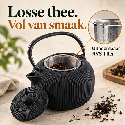 Cheqo® Gietijzeren Theepot - Theepot met Filter - Zwarte Theepot - Japanse Theepot - Tetsubin - Aziatische Theepot - Theekan - Cadeau voor Theeliefhebbers - Theepot voor Losse Thee - Theepot voor Groene Thee - Theepot voor Muntthee — infographic 1