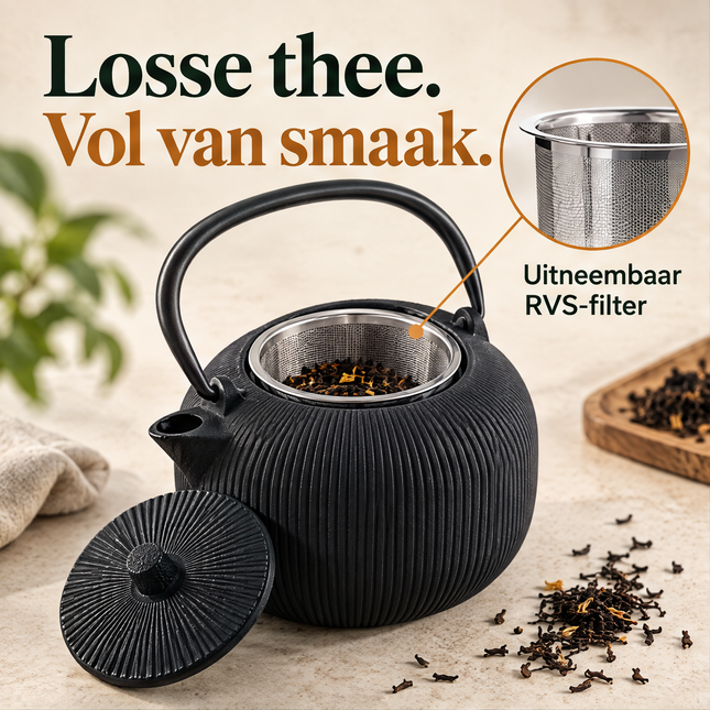 Cheqo® Gietijzeren Theepot - Theepot met Filter - Zwarte Theepot - Japanse Theepot - Tetsubin - Aziatische Theepot - Theekan - Cadeau voor Theeliefhebbers - Theepot voor Losse Thee - Theepot voor Groene Thee - Theepot voor Muntthee — infographic 1