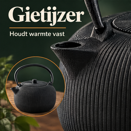 Cheqo® Gietijzeren Theepot - Theepot met Filter - Zwarte Theepot - Japanse Theepot - Tetsubin - Aziatische Theepot - Theekan - Cadeau voor Theeliefhebbers - Theepot voor Losse Thee - Theepot voor Groene Thee - Theepot voor Muntthee — infographic 4
