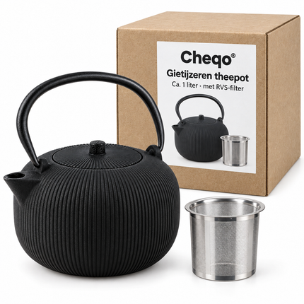 Cheqo® Gietijzeren Theepot - Theepot met Filter - Zwarte Theepot - Japanse Theepot - Tetsubin - Aziatische Theepot - Theekan - Cadeau voor Theeliefhebbers - Theepot voor Losse Thee - Theepot voor Groene Thee - Theepot voor Muntthee — Cheqo verpakkingsconcept