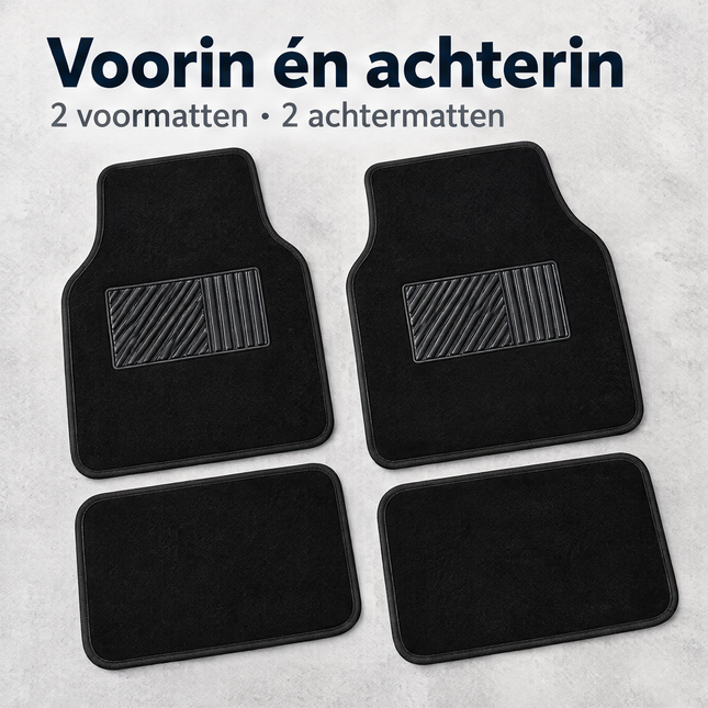 Cheqo® Automatten Universeel Set van 4 - Automattenset Zwart - Stoffen Automatten - Antislip Automatten - Vloermatten Auto - Voormatten en Achtermatten - Autotapijt - Automatten met Hakstuk - Voetmatten Auto - Auto Vloerkleed - Auto Accessoires — infographic 1