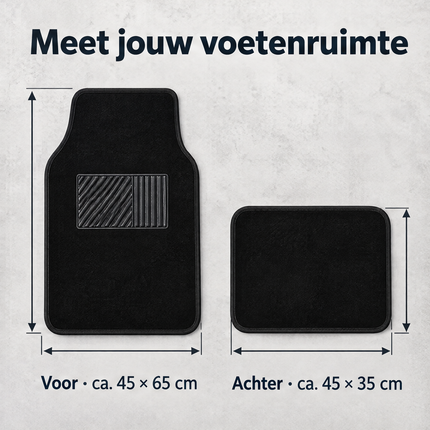 Cheqo® Automatten Universeel Set van 4 - Automattenset Zwart - Stoffen Automatten - Antislip Automatten - Vloermatten Auto - Voormatten en Achtermatten - Autotapijt - Automatten met Hakstuk - Voetmatten Auto - Auto Vloerkleed - Auto Accessoires — infographic 3