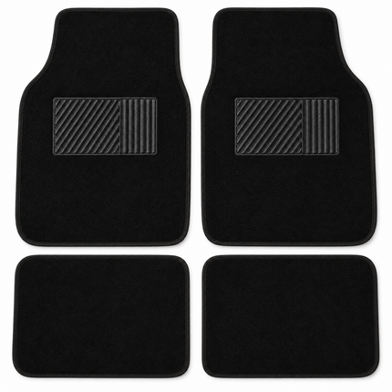 Cheqo® Automatten Universeel Set van 4 - Automattenset Zwart - Stoffen Automatten - Antislip Automatten - Vloermatten Auto - Voormatten en Achtermatten - Autotapijt - Automatten met Hakstuk - Voetmatten Auto - Auto Vloerkleed - Auto Accessoires — hoofdbeeld