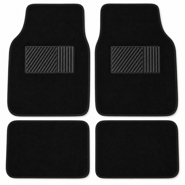 Cheqo® Automatten Universeel Set van 4 - Automattenset Zwart - Stoffen Automatten - Antislip Automatten - Vloermatten Auto - Voormatten en Achtermatten - Autotapijt - Automatten met Hakstuk - Voetmatten Auto - Auto Vloerkleed - Auto Accessoires — hoofdbeeld