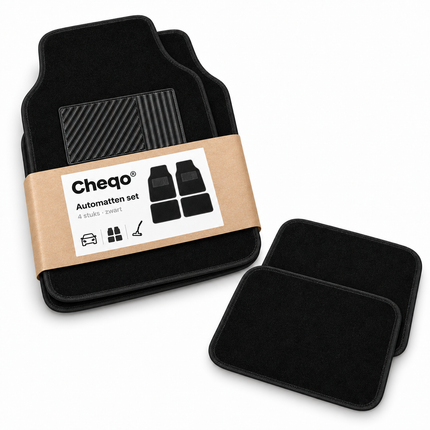 Cheqo® Automatten Universeel Set van 4 - Automattenset Zwart - Stoffen Automatten - Antislip Automatten - Vloermatten Auto - Voormatten en Achtermatten - Autotapijt - Automatten met Hakstuk - Voetmatten Auto - Auto Vloerkleed - Auto Accessoires — Cheqo verpakkingsconcept