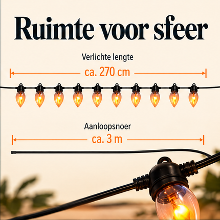 ARCHIEF ONVOLLEDIGE SET | NIET GESELECTEERD / VERVANGEN | info-3 v1 | PASS: tien lampjes in aparte lengterij. ca. 270 cm en ca. 3 m letterlijk conform omschrijving; onafhankelijke schematische rijen, geen gecombineerde schaalsuggestie. Klein kabeluiteinde is niet als adapter afgebeeld. Productmacro conform bron. Geen afgesneden copy of witte rasterstroken.