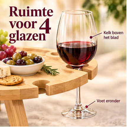 Cheqo® Wijntafel Inklapbaar - Picknicktafel - Bijzettafel - Wijnglashouder - Borrelplank - Kaasplank - Tapasplank - Mini Campingtafel - Klaptafel - Strandtafel - Borreltafel - Hapjestafel - Dranktafel - Wijn Accessoires - Wijn Cadeau — infographic 1