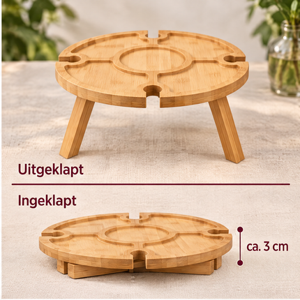 Cheqo® Wijntafel Inklapbaar - Picknicktafel - Bijzettafel - Wijnglashouder - Borrelplank - Kaasplank - Tapasplank - Mini Campingtafel - Klaptafel - Strandtafel - Borreltafel - Hapjestafel - Dranktafel - Wijn Accessoires - Wijn Cadeau — infographic 3
