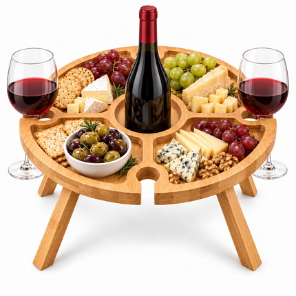 Cheqo® Wijntafel Inklapbaar - Picknicktafel - Bijzettafel - Wijnglashouder - Borrelplank - Kaasplank - Tapasplank - Mini Campingtafel - Klaptafel - Strandtafel - Borreltafel - Hapjestafel - Dranktafel - Wijn Accessoires - Wijn Cadeau — hoofdbeeld