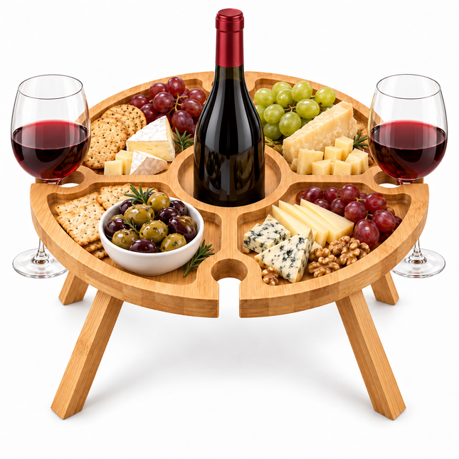 Cheqo® Wijntafel Inklapbaar - Picknicktafel - Bijzettafel - Wijnglashouder - Borrelplank - Kaasplank - Tapasplank - Mini Campingtafel - Klaptafel - Strandtafel - Borreltafel - Hapjestafel - Dranktafel - Wijn Accessoires - Wijn Cadeau — hoofdbeeld