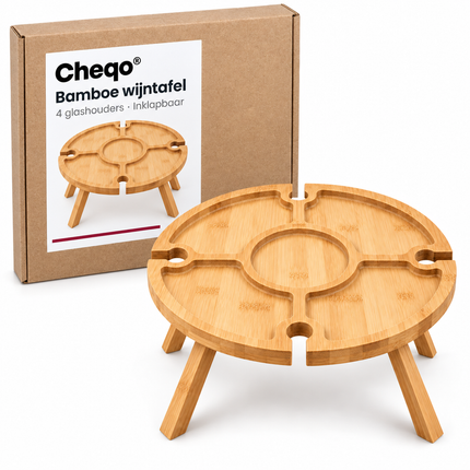Cheqo® Wijntafel Inklapbaar - Picknicktafel - Bijzettafel - Wijnglashouder - Borrelplank - Kaasplank - Tapasplank - Mini Campingtafel - Klaptafel - Strandtafel - Borreltafel - Hapjestafel - Dranktafel - Wijn Accessoires - Wijn Cadeau — Cheqo verpakkingsconcept