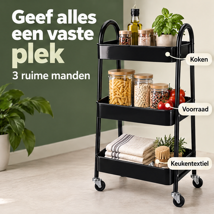 Cheqo® Keukentrolley 3 Laags - Zwarte Trolley op Wieltjes - Serveerwagen - Opbergtrolley met Manden - Badkamertrolley - Opbergwagen met Wielen - Organizer Trolley - Rolwagen - Opbergrek op Wielen - Keukenwagen - Kar op Wielen - Make-up Trolley — infographic 1