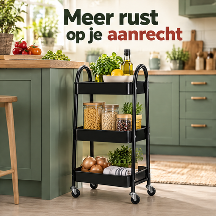 Cheqo® Keukentrolley 3 Laags - Zwarte Trolley op Wieltjes - Serveerwagen - Opbergtrolley met Manden - Badkamertrolley - Opbergwagen met Wielen - Organizer Trolley - Rolwagen - Opbergrek op Wielen - Keukenwagen - Kar op Wielen - Make-up Trolley — infographic 2