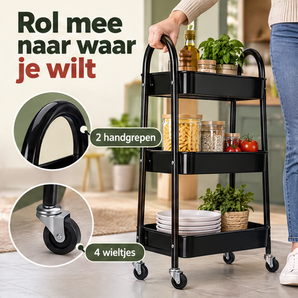Cheqo® Keukentrolley 3 Laags - Zwarte Trolley op Wieltjes - Serveerwagen - Opbergtrolley met Manden - Badkamertrolley - Opbergwagen met Wielen - Organizer Trolley - Rolwagen - Opbergrek op Wielen - Keukenwagen - Kar op Wielen - Make-up Trolley — infographic 3