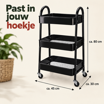 Cheqo® Keukentrolley 3 Laags - Zwarte Trolley op Wieltjes - Serveerwagen - Opbergtrolley met Manden - Badkamertrolley - Opbergwagen met Wielen - Organizer Trolley - Rolwagen - Opbergrek op Wielen - Keukenwagen - Kar op Wielen - Make-up Trolley — infographic 4