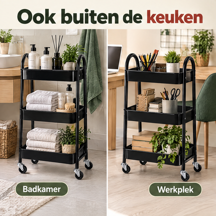 Cheqo® Keukentrolley 3 Laags - Zwarte Trolley op Wieltjes - Serveerwagen - Opbergtrolley met Manden - Badkamertrolley - Opbergwagen met Wielen - Organizer Trolley - Rolwagen - Opbergrek op Wielen - Keukenwagen - Kar op Wielen - Make-up Trolley — infographic 5