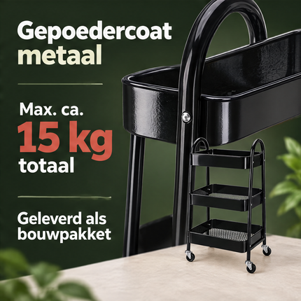 Cheqo® Keukentrolley 3 Laags - Zwarte Trolley op Wieltjes - Serveerwagen - Opbergtrolley met Manden - Badkamertrolley - Opbergwagen met Wielen - Organizer Trolley - Rolwagen - Opbergrek op Wielen - Keukenwagen - Kar op Wielen - Make-up Trolley — infographic 6