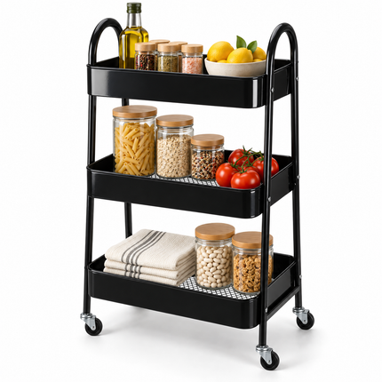Cheqo® Keukentrolley 3 Laags - Zwarte Trolley op Wieltjes - Serveerwagen - Opbergtrolley met Manden - Badkamertrolley - Opbergwagen met Wielen - Organizer Trolley - Rolwagen - Opbergrek op Wielen - Keukenwagen - Kar op Wielen - Make-up Trolley — hoofdbeeld