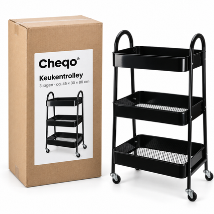 Cheqo® Keukentrolley 3 Laags - Zwarte Trolley op Wieltjes - Serveerwagen - Opbergtrolley met Manden - Badkamertrolley - Opbergwagen met Wielen - Organizer Trolley - Rolwagen - Opbergrek op Wielen - Keukenwagen - Kar op Wielen - Make-up Trolley — Cheqo verpakkingsconcept