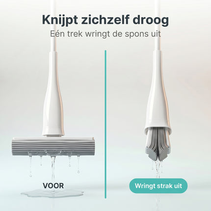 Cheqo® Zelfuitwringende Mop met Spons - Sponsmop - Vloerwisser - Vloermop - Spons Dweilmop - Mop met Uitwringfunctie - Platte Mop - PVA Spons Mop - Mop met Telescoopsteel - Vloerdweil - Mop voor Tegels en Laminaat - Dweilsysteem - Wondermop