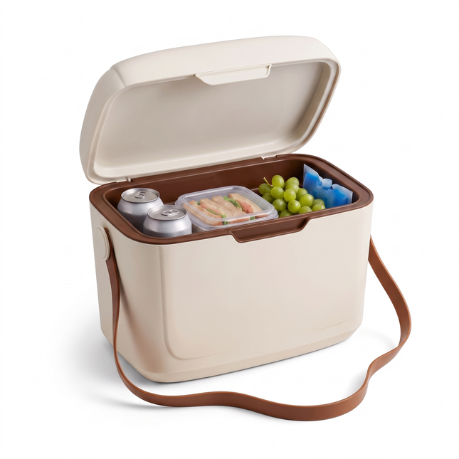 Cheqo® Koelbox 12 Liter - Kleine Koelbox met Schouderband - Draagbare Koelbox zonder Stroom - Passieve Koelbox en Koelkist voor Camping - Koelbox voor Strand en Picknick - Koelbox voor Festival en Auto - Frigobox - Retro Koelbox Taupe - Family Fix V4 - Hero Studio - Verzonken frontgreep