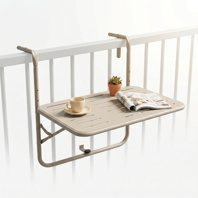 Cheqo® Balkontafel Inklapbaar - Hangtafel voor Balkon en Terras - in Hoogte Verstelbaar - Metalen Klaptafel voor Buiten - Balkonbar voor Camping en Tuin - Opvouwbare Kleine Tuintafel - Weerbestendig van Gepoedercoat Staal - Mat Beige