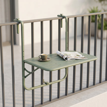 Cheqo® Balkontafel - Hangtafel Inklapbaar - Opklapbaar en in Hoogte Verstelbaar voor Balkon en Terras - Metalen Klaptafel Weerbestendig - Vouwtafel - Balkonhanger voor Reling - Bijzettafel Buiten en Tuin - Balkonbar - Mat Groen
