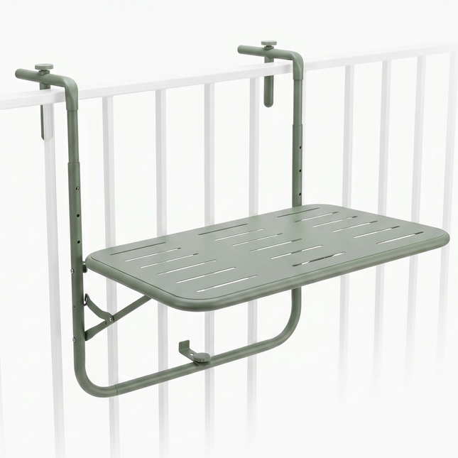 Cheqo® Balkontafel - Hangtafel Inklapbaar - Opklapbaar en in Hoogte Verstelbaar voor Balkon en Terras - Metalen Klaptafel Weerbestendig - Vouwtafel - Balkonhanger voor Reling - Bijzettafel Buiten en Tuin - Balkonbar - Mat Groen