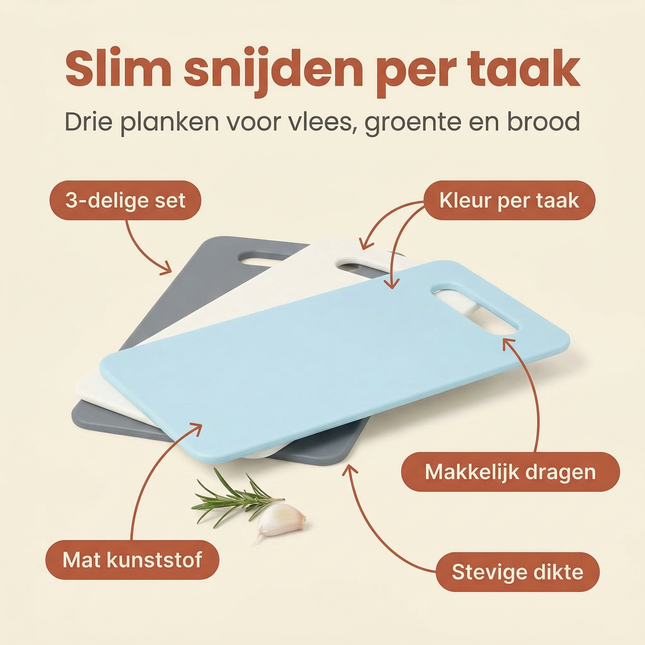 Cheqo® Snijplankenset - Snijplanken 3 Stuks - Kunststof Snijplanken - Snijplank met Handgreep - Snijplank voor Vlees - Snijplank voor Groenten - Snijplank voor Brood - Keuken Snijplanken