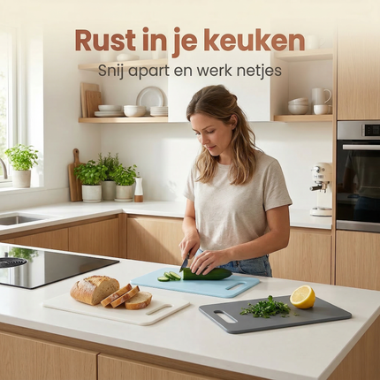 Cheqo® Snijplankenset - Snijplanken 3 Stuks - Kunststof Snijplanken - Snijplank met Handgreep - Snijplank voor Vlees - Snijplank voor Groenten - Snijplank voor Brood - Keuken Snijplanken