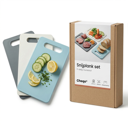 Cheqo® Snijplankenset - Snijplanken 3 Stuks - Kunststof Snijplanken - Snijplank met Handgreep - Snijplank voor Vlees - Snijplank voor Groenten - Snijplank voor Brood - Keuken Snijplanken