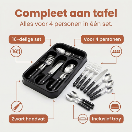 Cheqo® Bestekset 16 Delig - Bestekset 4 Persoons - Bestekset Zwart - Zwart Zilver Bestekset - Bestekset met Zwart Handvat - Bestekset Rvs 16 Delig - Bestekset 16 Stuks - Bestekset voor 4 Personen - Bestekset Tafelbestek