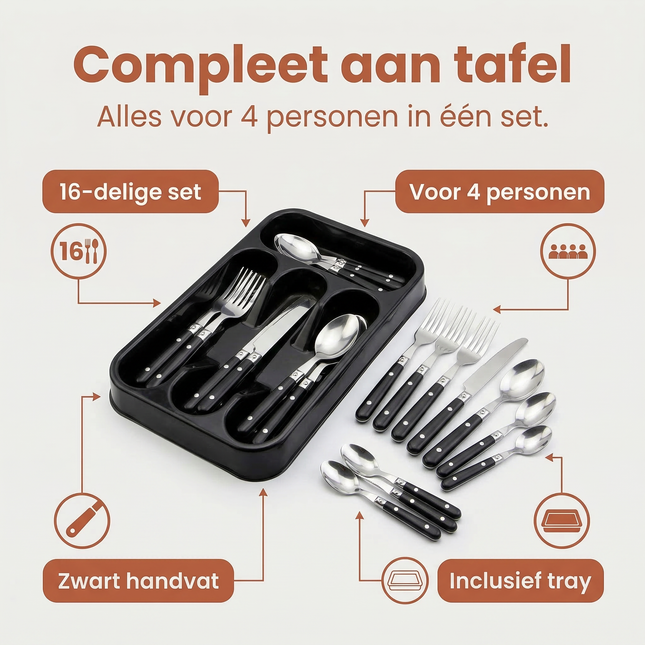 Cheqo® Bestekset 16 Delig - Bestekset 4 Persoons - Bestekset Zwart - Zwart Zilver Bestekset - Bestekset met Zwart Handvat - Bestekset Rvs 16 Delig - Bestekset 16 Stuks - Bestekset voor 4 Personen - Bestekset Tafelbestek