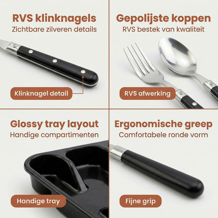 Cheqo® Bestekset 16 Delig - Bestekset 4 Persoons - Bestekset Zwart - Zwart Zilver Bestekset - Bestekset met Zwart Handvat - Bestekset Rvs 16 Delig - Bestekset 16 Stuks - Bestekset voor 4 Personen - Bestekset Tafelbestek