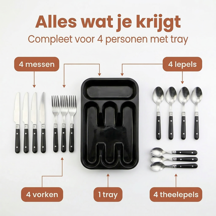 Cheqo® Bestekset 16 Delig - Bestekset 4 Persoons - Bestekset Zwart - Zwart Zilver Bestekset - Bestekset met Zwart Handvat - Bestekset Rvs 16 Delig - Bestekset 16 Stuks - Bestekset voor 4 Personen - Bestekset Tafelbestek