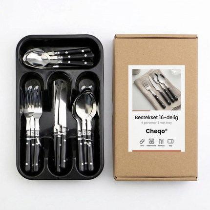 Cheqo® Bestekset 16 Delig - Bestekset 4 Persoons - Bestekset Zwart - Zwart Zilver Bestekset - Bestekset met Zwart Handvat - Bestekset Rvs 16 Delig - Bestekset 16 Stuks - Bestekset voor 4 Personen - Bestekset Tafelbestek