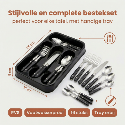 Cheqo® Bestekset 16 Delig - Bestekset 4 Persoons - Bestekset Zwart - Zwart Zilver Bestekset - Bestekset met Zwart Handvat - Bestekset Rvs 16 Delig - Bestekset 16 Stuks - Bestekset voor 4 Personen - Bestekset Tafelbestek