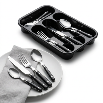 Cheqo® Bestekset 16 Delig - Bestekset 4 Persoons - Bestekset Zwart - Zwart Zilver Bestekset - Bestekset met Zwart Handvat - Bestekset Rvs 16 Delig - Bestekset 16 Stuks - Bestekset voor 4 Personen - Bestekset Tafelbestek
