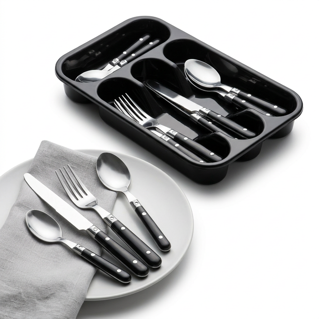 Cheqo® Bestekset 16 Delig - Bestekset 4 Persoons - Bestekset Zwart - Zwart Zilver Bestekset - Bestekset met Zwart Handvat - Bestekset Rvs 16 Delig - Bestekset 16 Stuks - Bestekset voor 4 Personen - Bestekset Tafelbestek