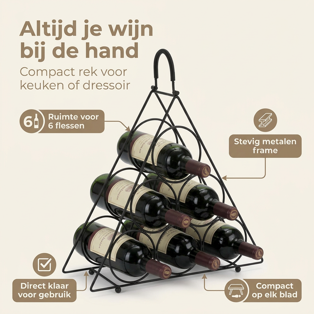 Cheqo® Wijnrek 6 Flessen - Wijnrek Zwart - Flessenrek Wijn - Flessenrek 6 Flessen - Wijnfleshouder - Wijnflessenrek - Wijnrek Metaal Zwart - Metalen Wijnrek - Wijnrek - Flessenrek Zwart - Wijnrek Staand