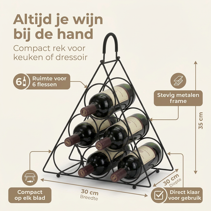 Cheqo® Wijnrek 6 Flessen - Wijnrek Zwart - Flessenrek Wijn - Flessenrek 6 Flessen - Wijnfleshouder - Wijnflessenrek - Wijnrek Metaal Zwart - Metalen Wijnrek - Wijnrek - Flessenrek Zwart - Wijnrek Staand