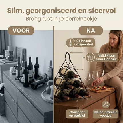 Cheqo® Wijnrek 6 Flessen - Wijnrek Zwart - Flessenrek Wijn - Flessenrek 6 Flessen - Wijnfleshouder - Wijnflessenrek - Wijnrek Metaal Zwart - Metalen Wijnrek - Wijnrek - Flessenrek Zwart - Wijnrek Staand
