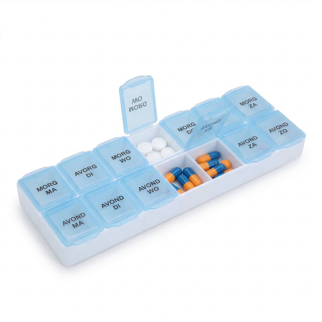 Cheqo® Pillendoos 7 Dagen - Pillendoosje 7 Dagen - Medicijndoos 7 Dagen - Medicijndoosje 7 Dagen - Pillenbox 7 Dagen - Pillen Organizer 7 Dagen - Medicijn Organizer 7 Dagen - Pillendoos Ochtend Avond
